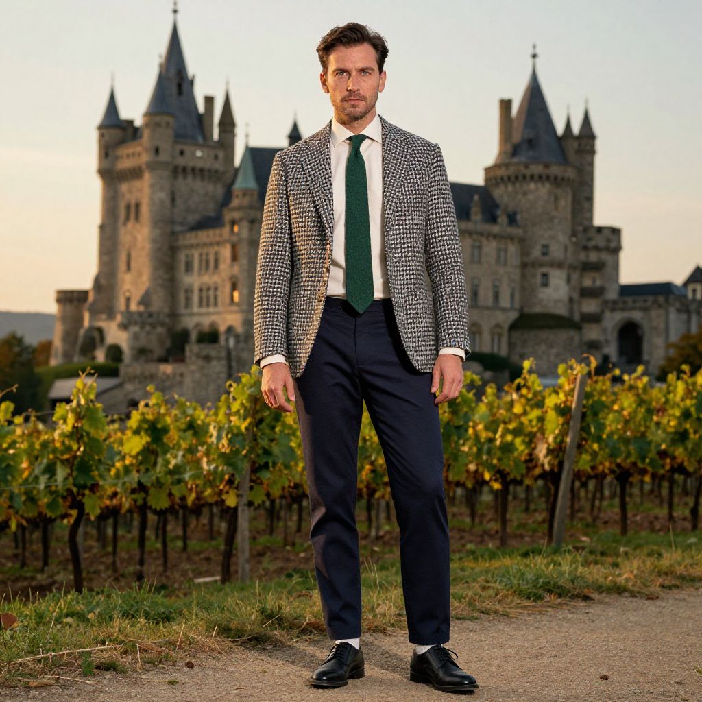 Man in Stylish Blazer Standing by Castle Vineyard vllm2603282227uwo4