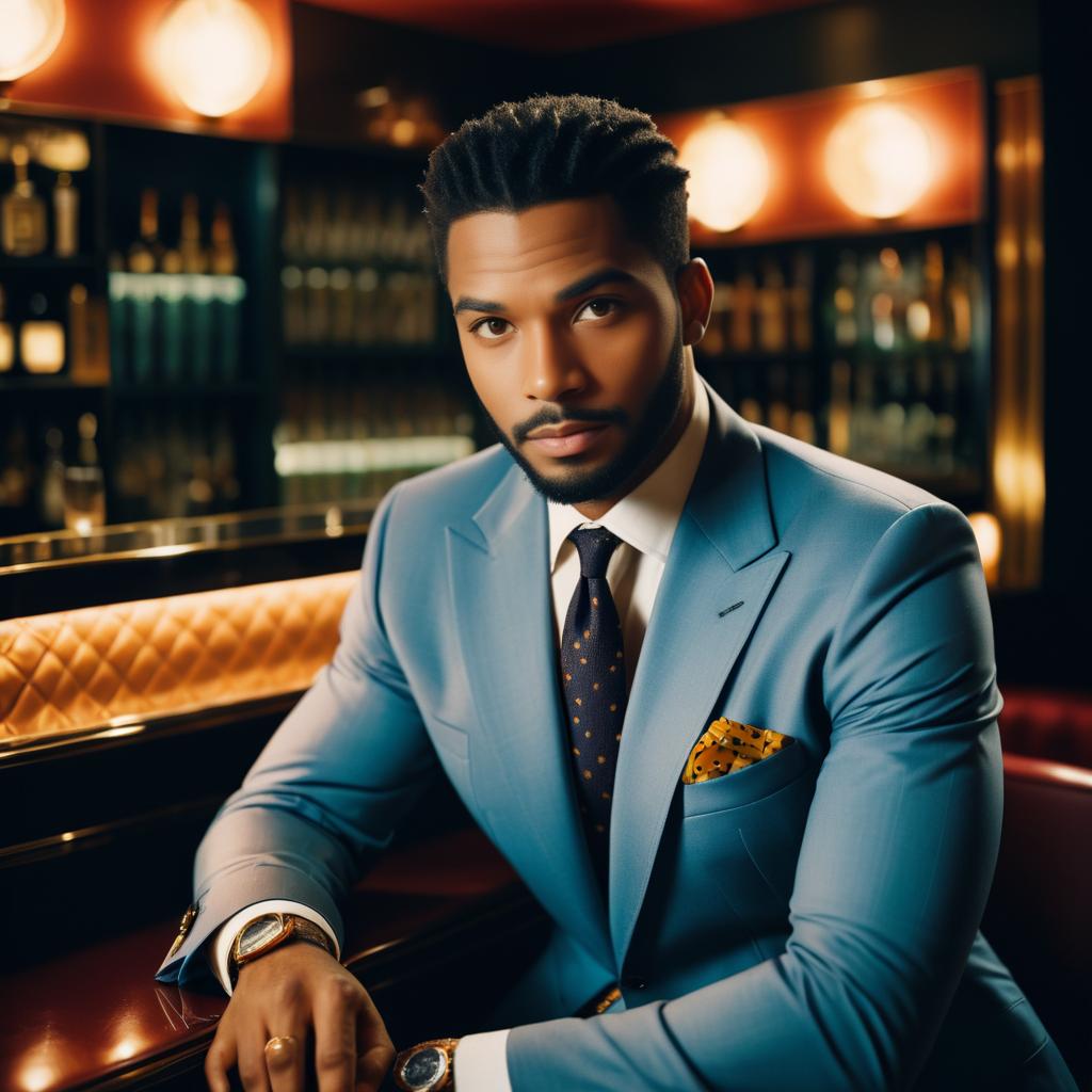 Stylish Man in Blue Suit at Sophisticated Bar