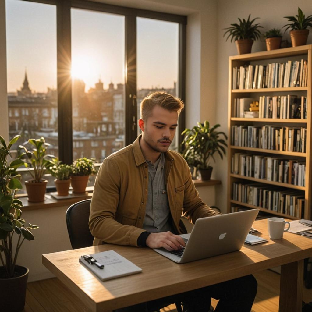 Focused Man Working in Cozy Home Office at Sunset