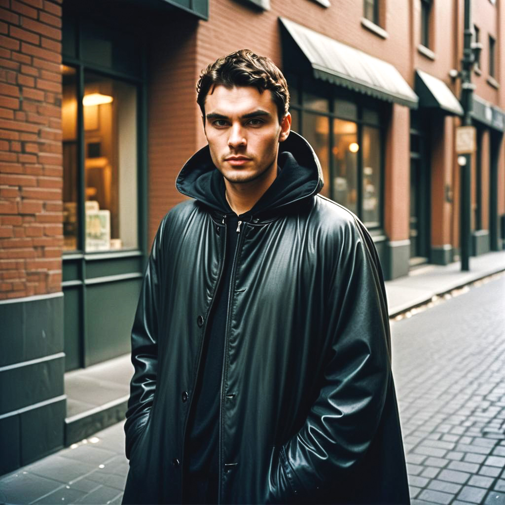 Confident Young Man in Stylish Leather Coat