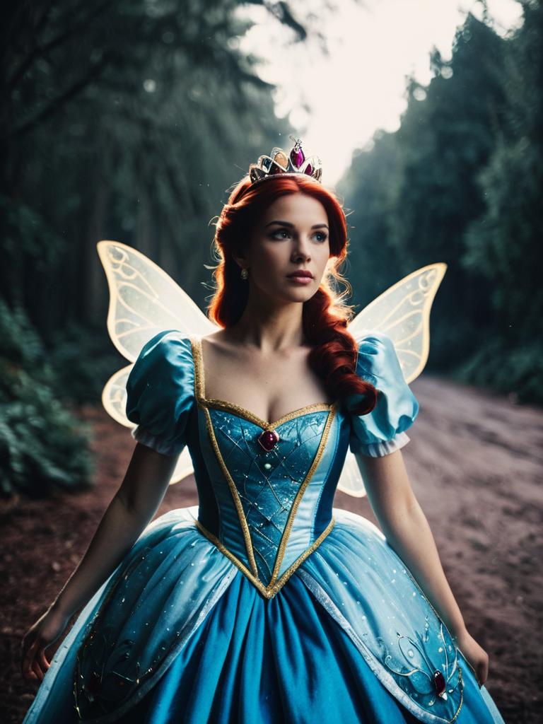Woman in Disney Princess Costume with Fairy Wings in Cinematic Realism Style