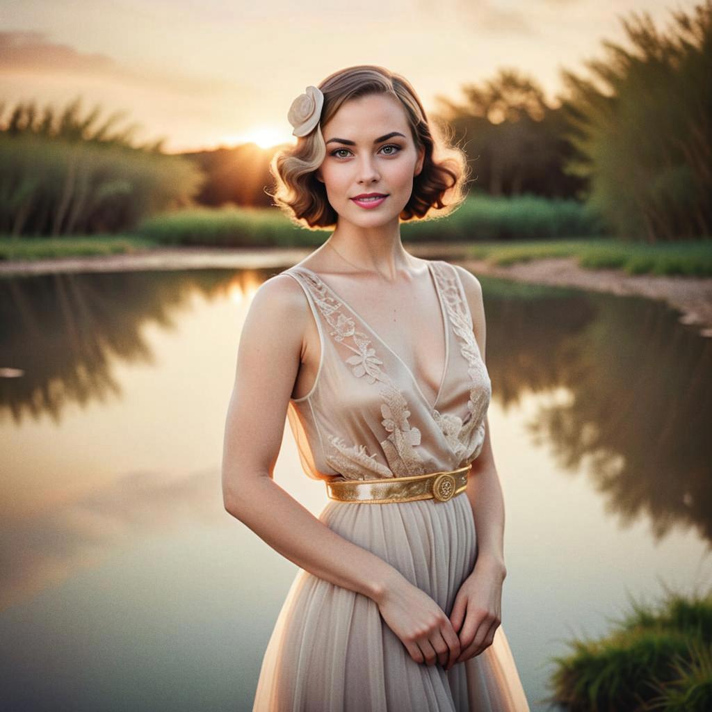 Woman in Vintage Dress by Sunset Water