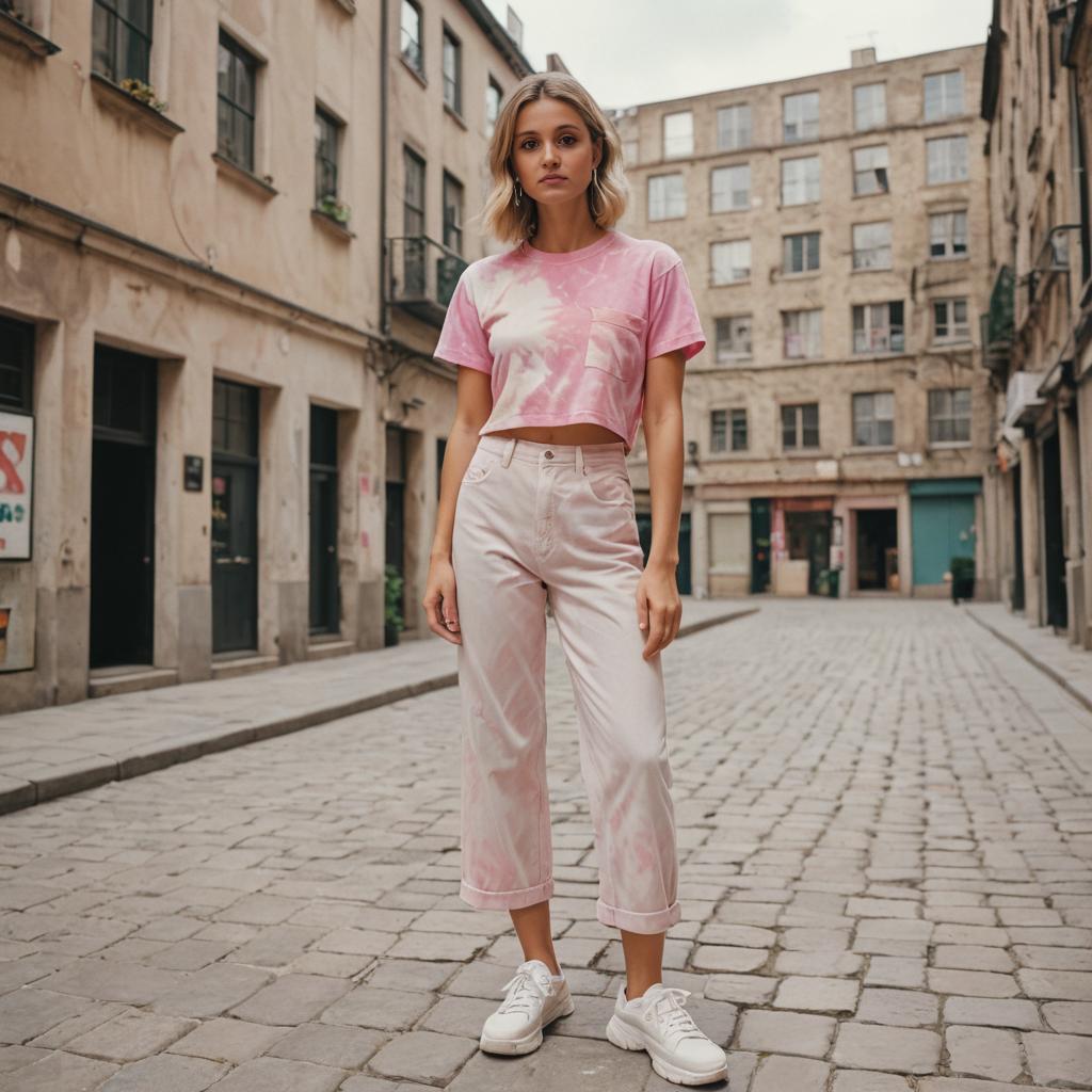 Confident Woman in Artistic Casual Fashion on Cobblestone Street