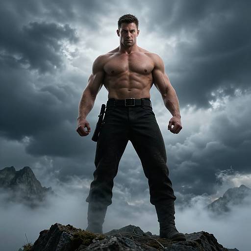 Muscular Man Standing on Rocky Landscape with Dramatic Cloudy Sky