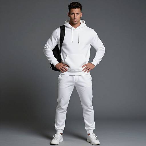 Stylish Young Man in White Athleisure Outfit with Backpack