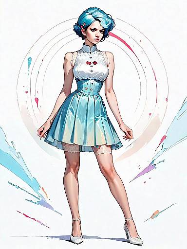 Retro-Inspired Comic Realistic Full Body Illustration of Woman with Blue Hair