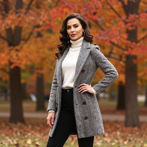 Stylish Woman in Grey Coat and Turtleneck in Autumn Park