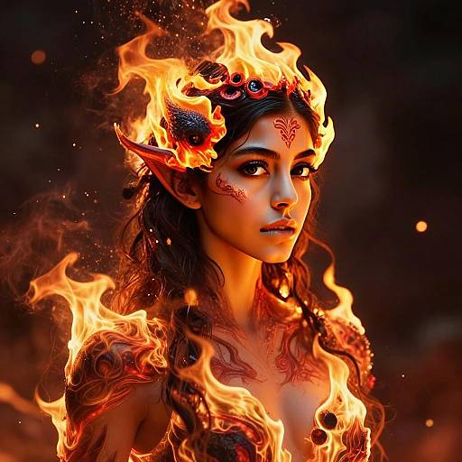 Fiery Demon Woman Fantasy Portrait with Glowing Tattoos and Horns