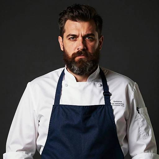 Serious Bearded Chef in White Jacket and Blue Apron Portrait