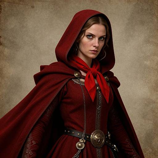 Medieval Woman in Red Hooded Cloak and Ornate Costume