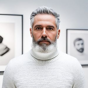 Mature Man in Cozy White Turtleneck