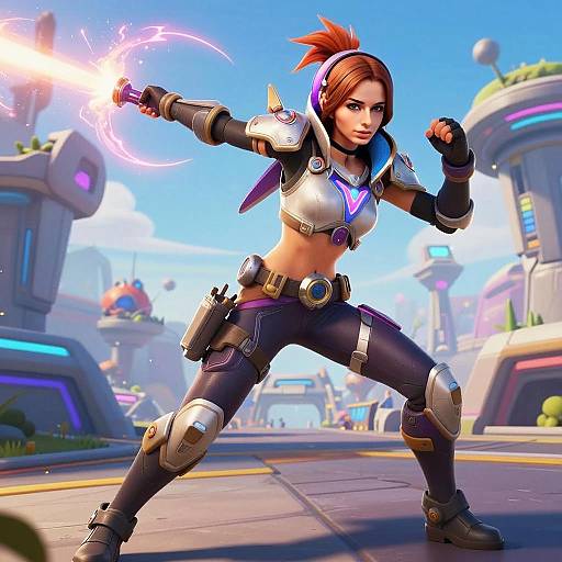 Futuristic Woman Warrior with Energy Sword in Sci-Fi Urban Setting