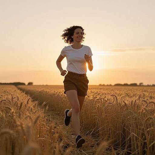 Woman Running through Wheat Field at Sunset Outdoors