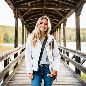 Confident Young Woman on Wooden Bridge in Autumn