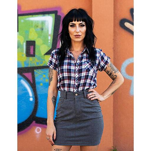 Confident Woman in Plaid Shirt and Gray Skirt with Graffiti Background