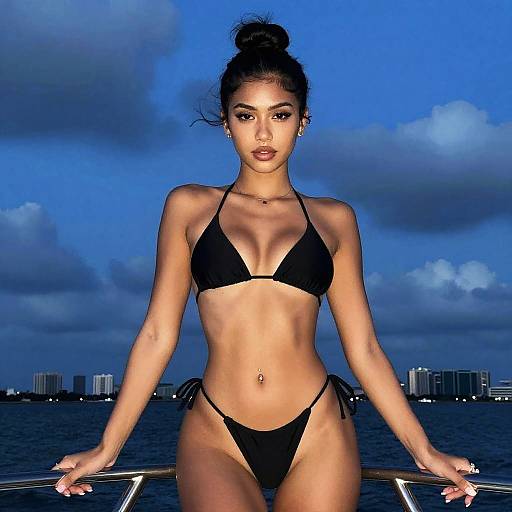 Woman in Black Bikini Posing on Boat at Twilight with Cityscape Background