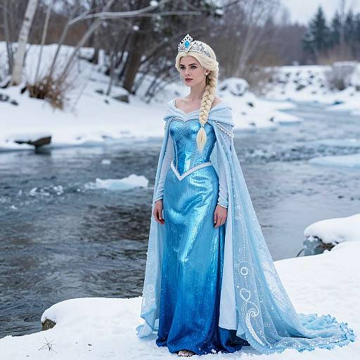 Woman in Blue Princess Dress with Tiara Standing by Snowy River