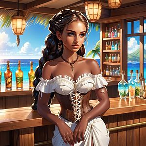 Young Woman at Tropical Beach Bar