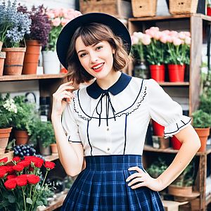 Stylish Woman in Vintage Outfit at Flower Shop