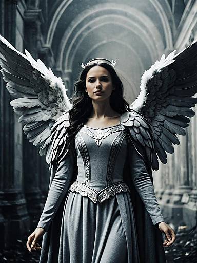 Cinematic Realism Woman in Grey Angel Wings Costume in Gothic Cathedral