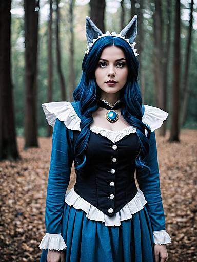 Sexy Woman Cosplaying Luna Character with Blue Hair and Cat Ears in Forest