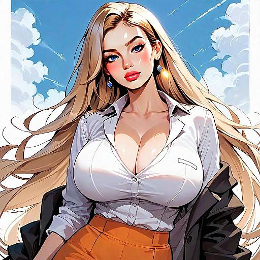 Blonde Woman Anime Style Digital Illustration with White Shirt and Orange Skirt