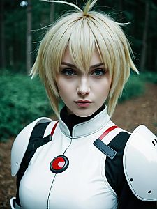 Realistic Aigis Cosplay Woman in Futuristic Costume Outdoors