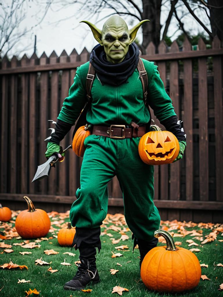 Man in Green Goblin Costume Holding Pumpkin Bomb in Halloween Cosplay Man in Green Goblin Costume Holding Pumpkin Bomb in Halloween Cosplay