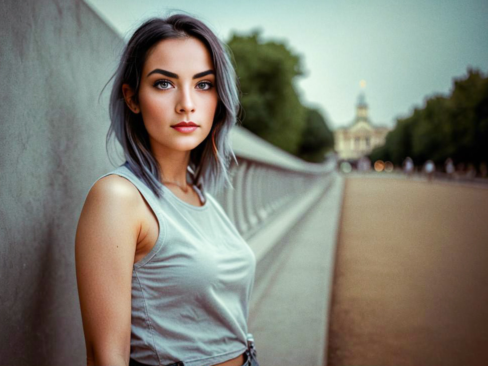 Young Woman with Gray Hair in Scenic Walkway