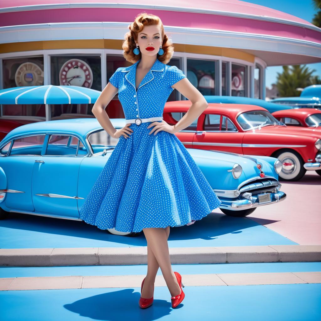 Stylish Woman in Polka Dot Dress with Vintage Cars