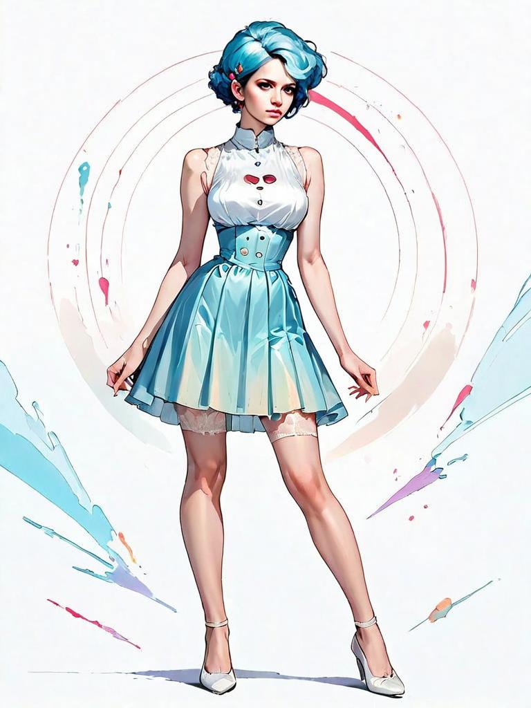 Retro-Inspired Comic Realistic Full Body Illustration of Woman with Blue Hair