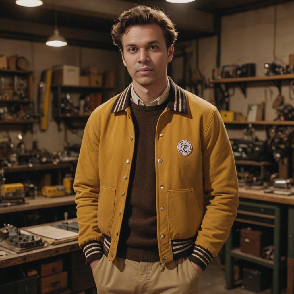 Confident Man in Yellow Jacket in Workshop