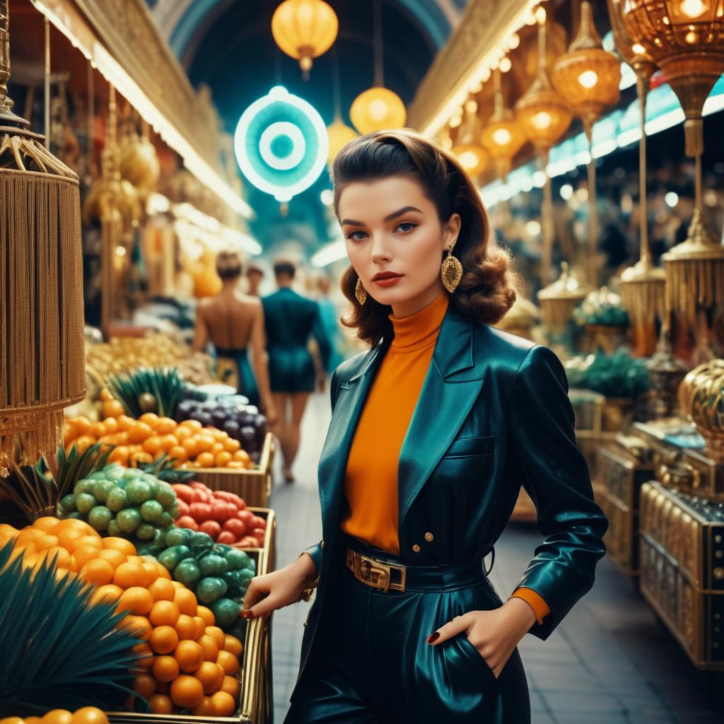 Stylish Woman in Orange Turtleneck and Green Suit at Colorful Market