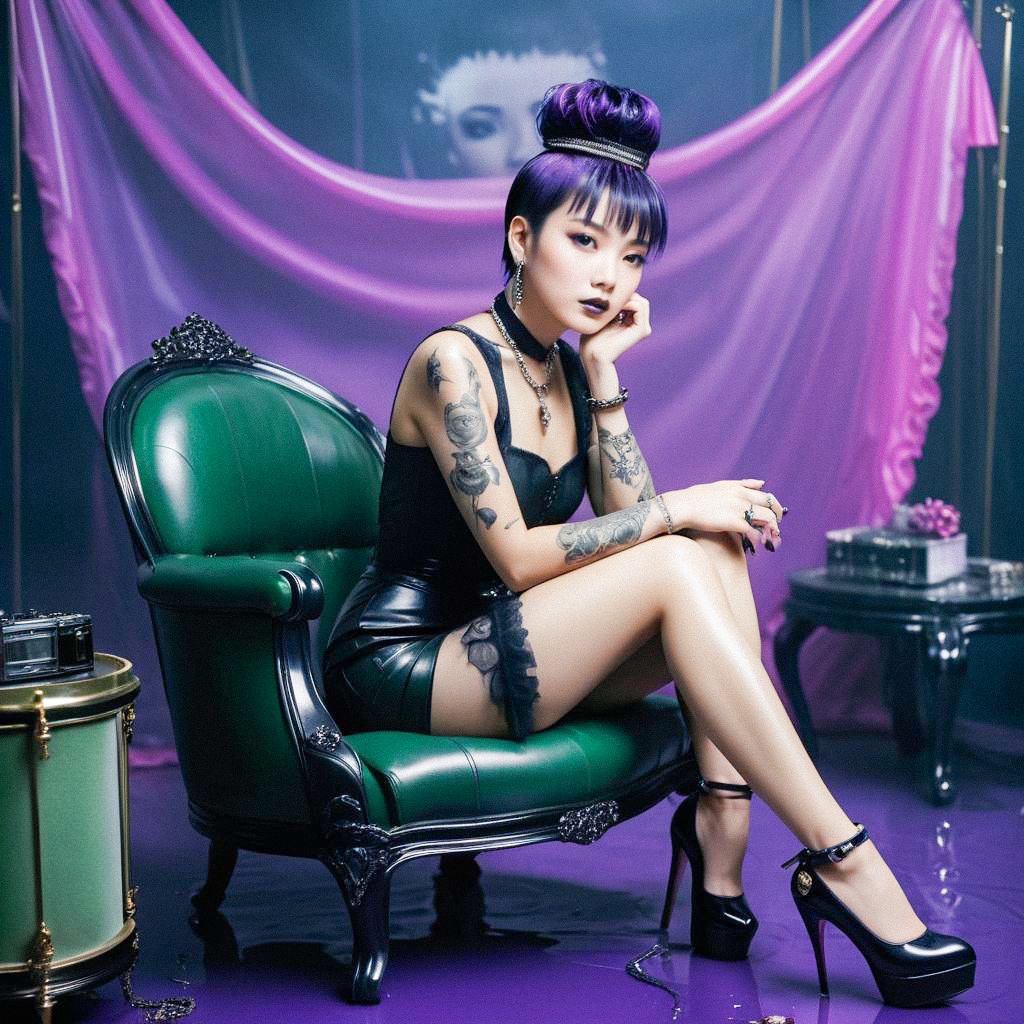 Stylish Woman with Purple Hair in Vintage Chair