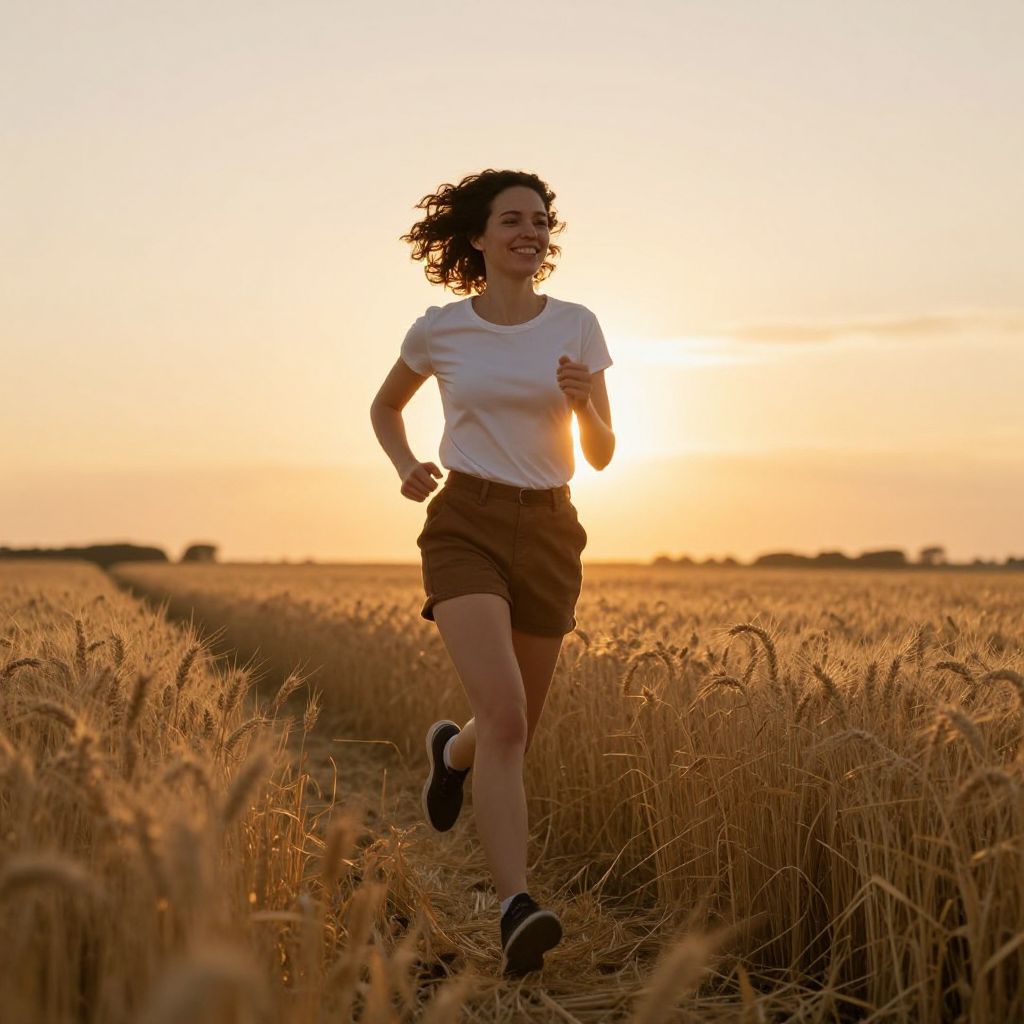 Woman Running through Wheat Field at Sunset Outdoors