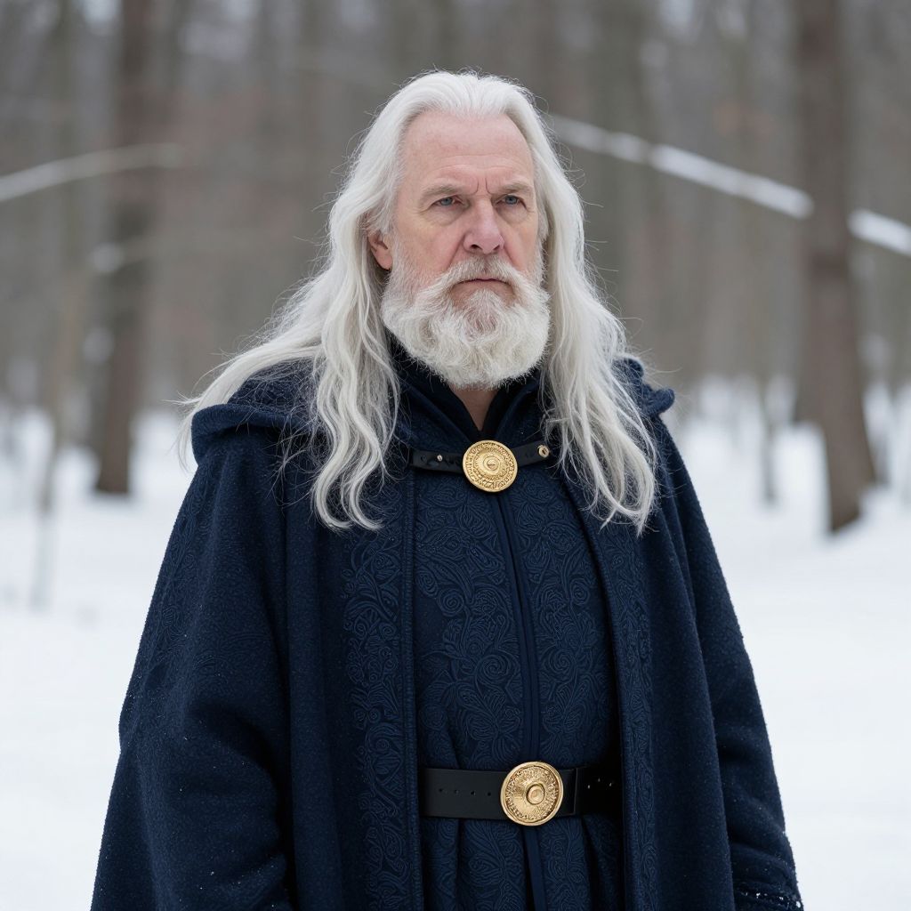 Elderly Man in Medieval Cloak Standing in Snowy Forest