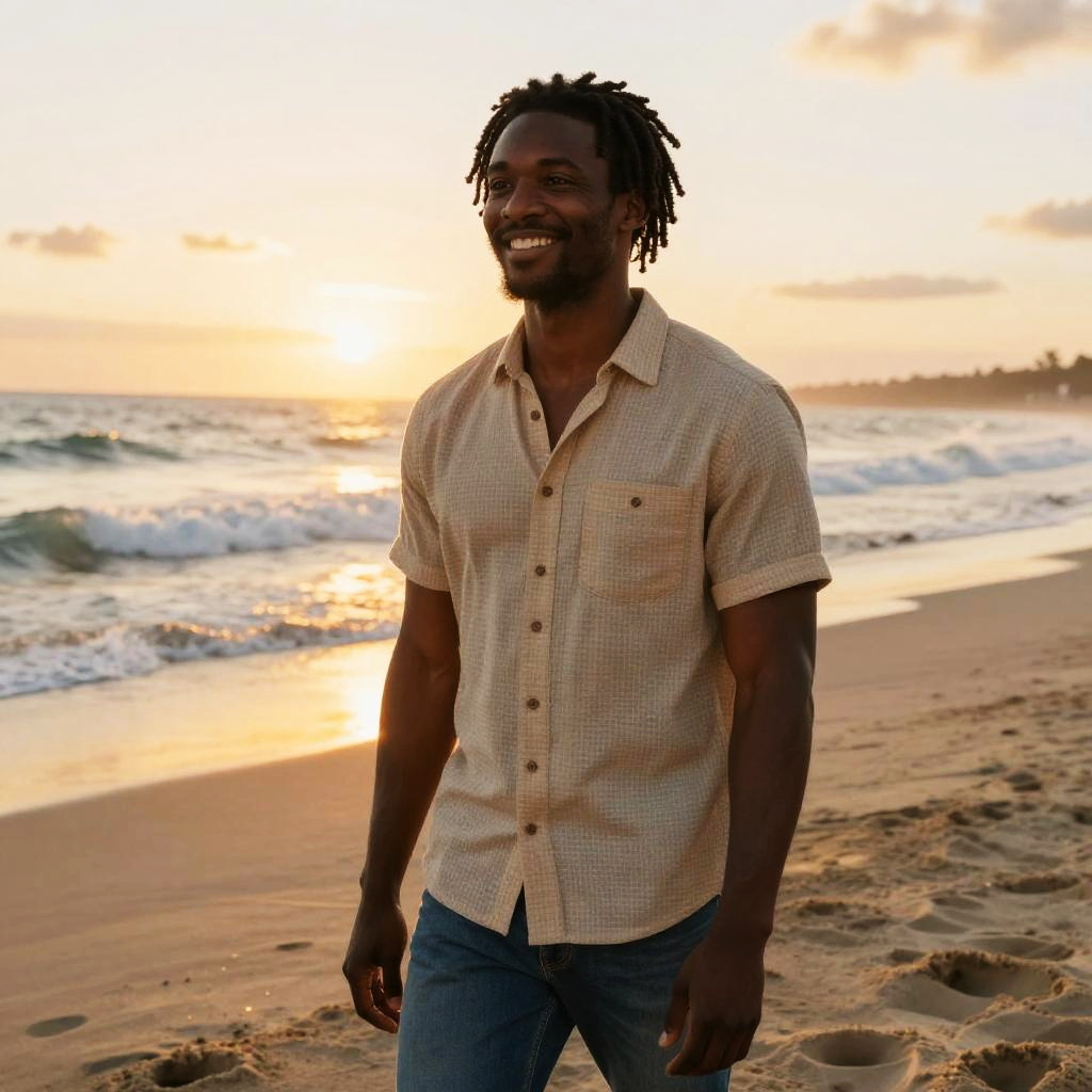 Young Man Walking on Beach at Sunset Wearing Casual Clothes