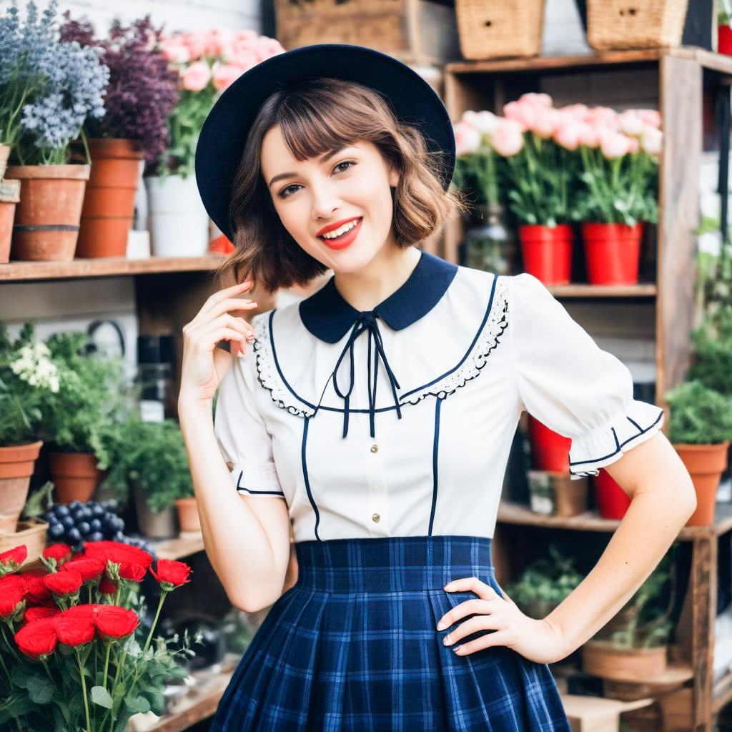 Stylish Woman in Vintage Outfit at Flower Shop