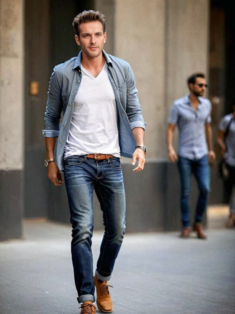 Stylish man in modern casual outfit walking in the city