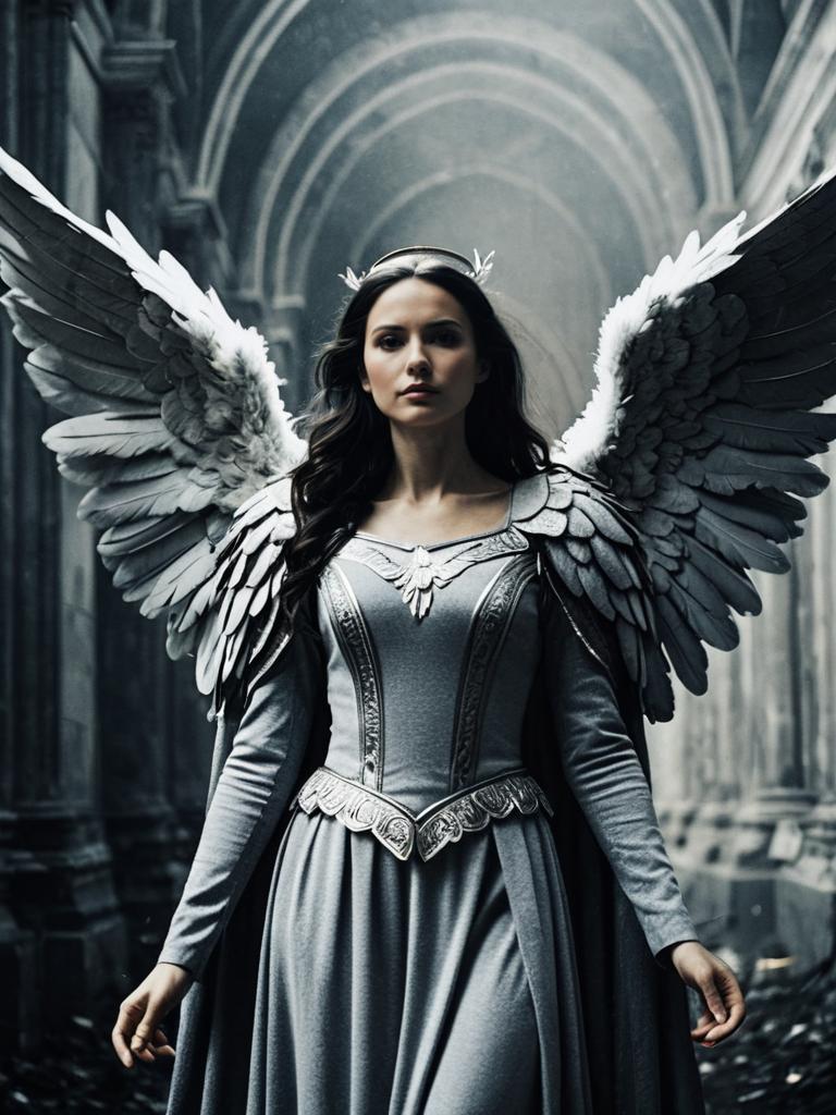 Cinematic Realism Woman in Grey Angel Wings Costume in Gothic Cathedral