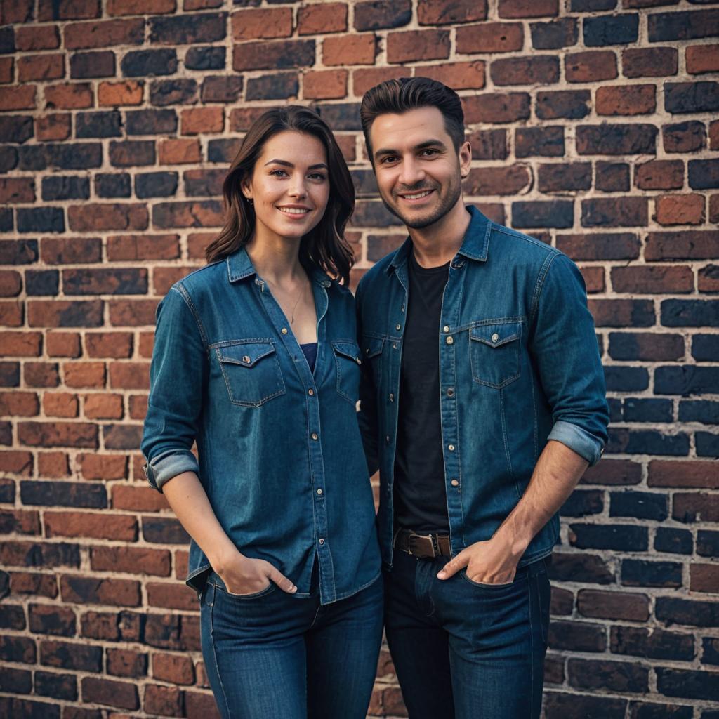 Couple in Coordinating Denim Attire Against Brick Wall