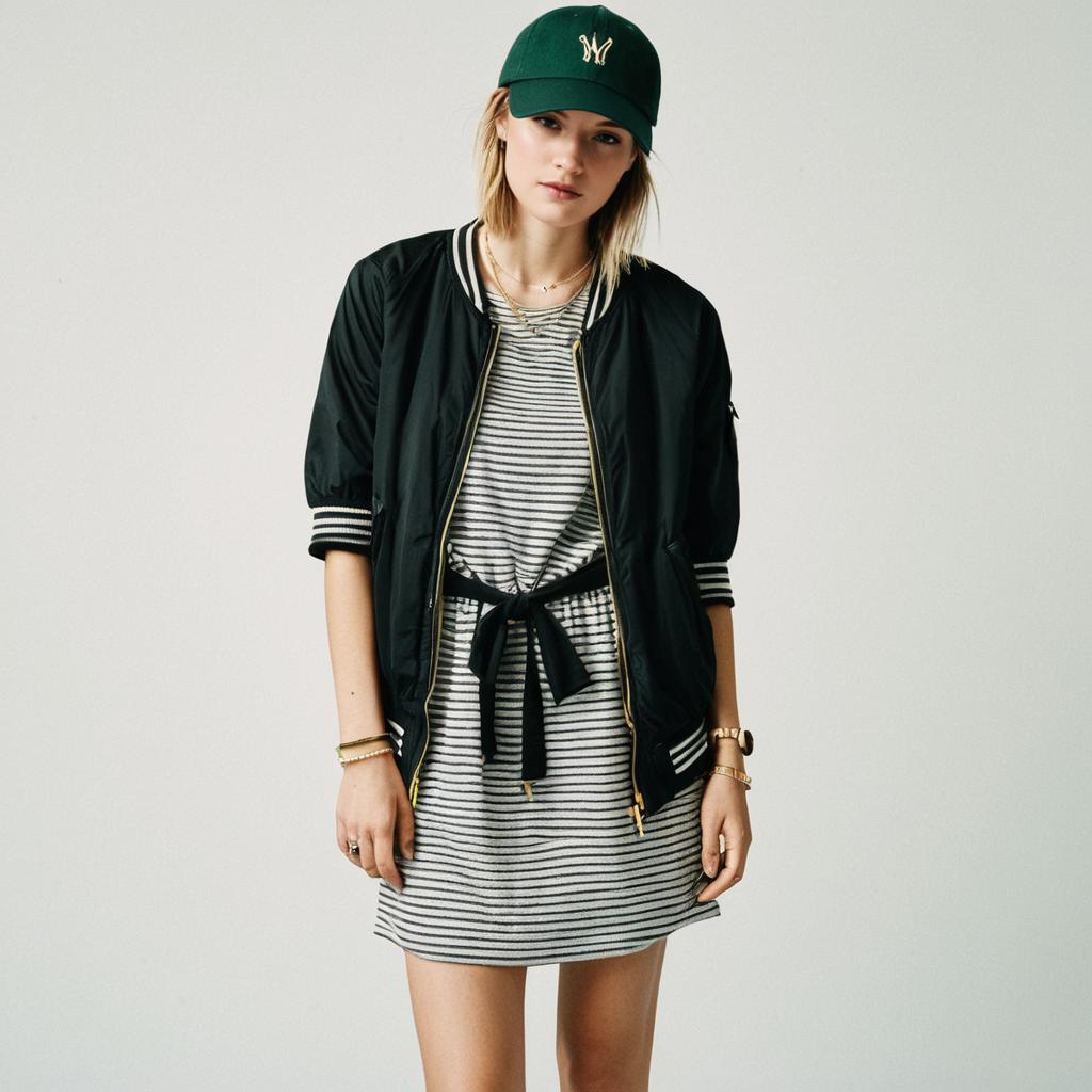 Woman in Grey Striped Jersey Dress and Bomber Jacket
