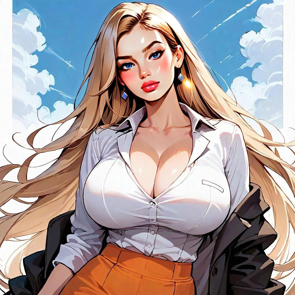Blonde Woman Anime Style Digital Illustration with White Shirt and Orange Skirt