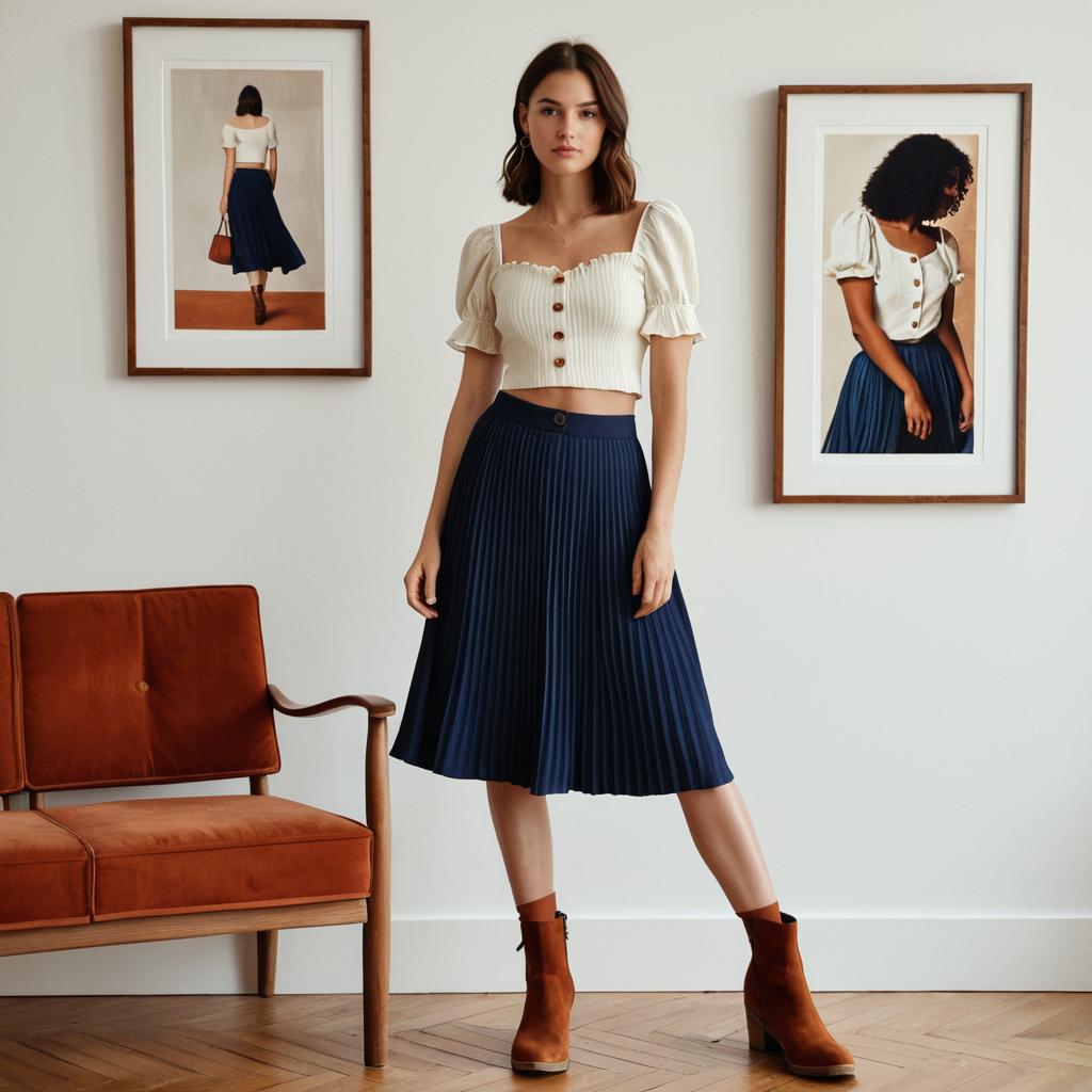 Fashionable Woman in Navy Pleated Skirt and Cream Crop Top in Modern Interior