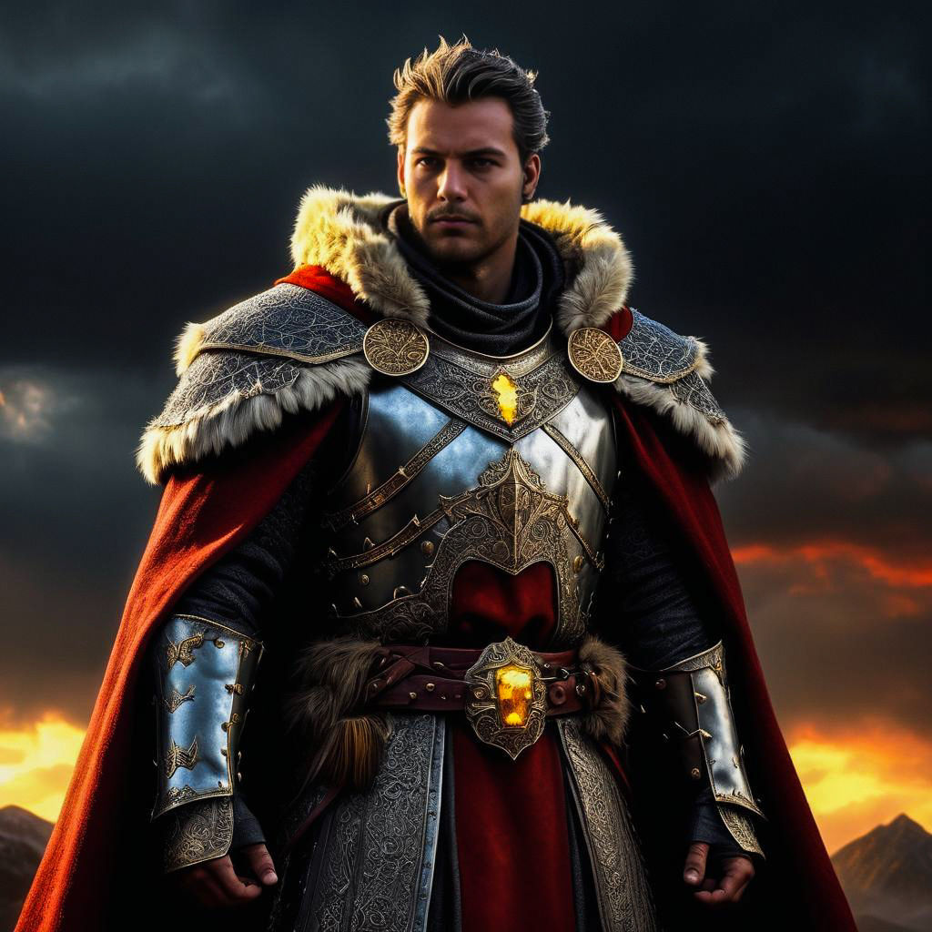 Regal Man in Medieval Armor at Sunset