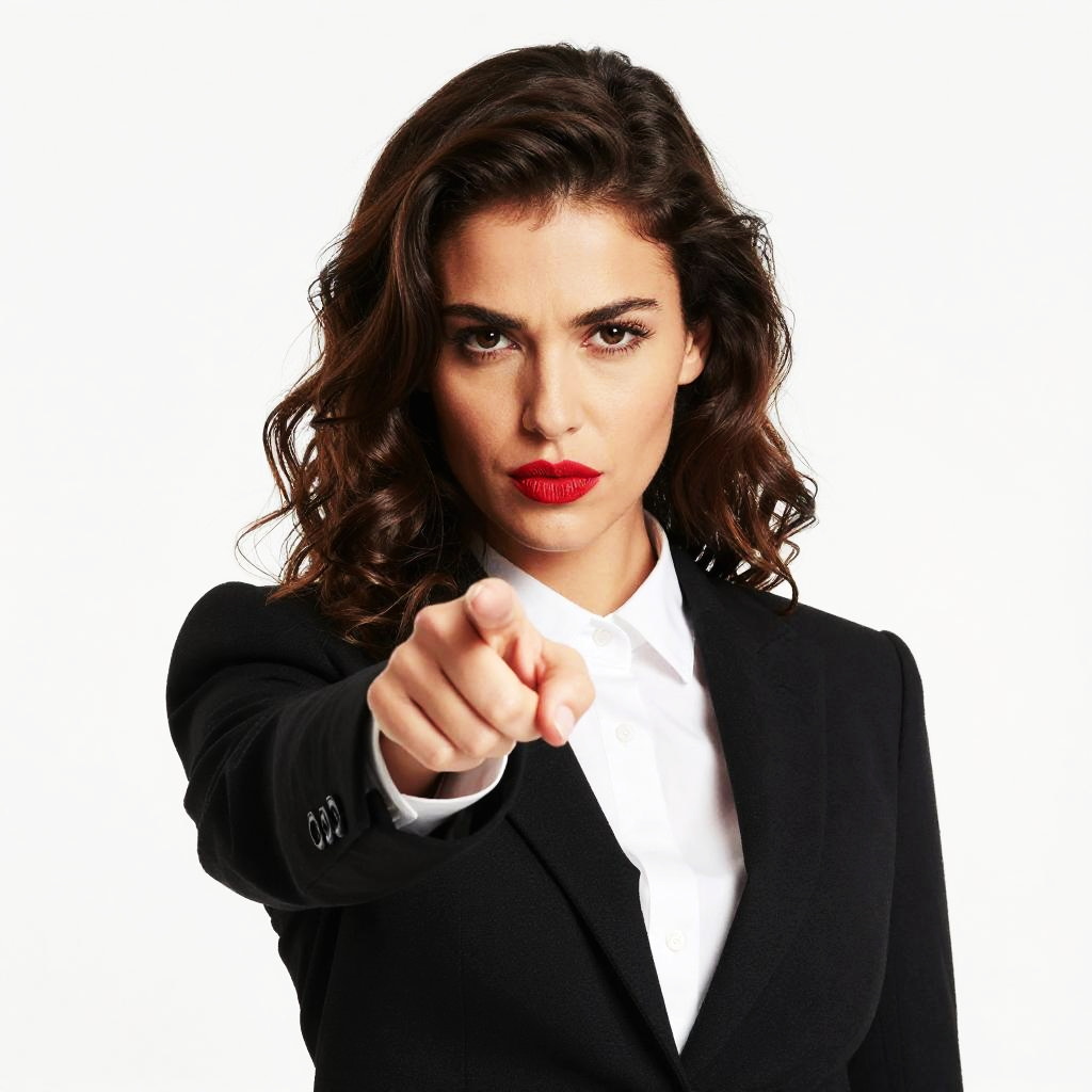 Confident Woman Pointing at Camera in Professional Attire