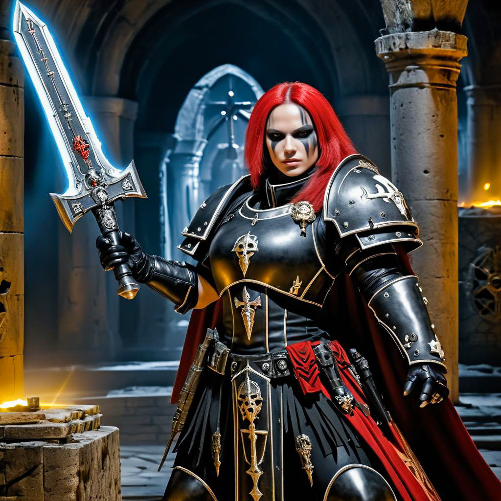 Female Warrior in Black Armor with Glowing Sword