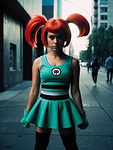 Confident Woman in Teal Outfit on Urban Street