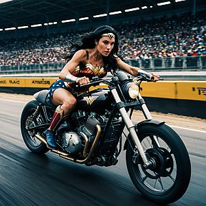 Woman in Superhero Costume Riding Motorcycle at High Speed