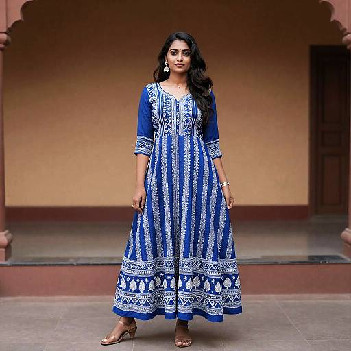 Sapphire Blue Kalamkari Anarkali Dress with Traditional Motifs